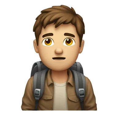 One unhappy guy student with backpack with brown hair sticker