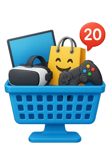 Create a high fidelity emoji style variant with smooth edges featuring a desktop monitor, a shopping basket showing tech items like a laptop, VR headset, and game controller instead of food, and an emoji shopping bag. The style should resemble emoji style with smooth edges and high detail. sticker
