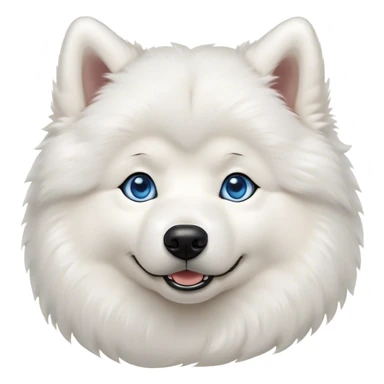 Cinematic Cute Samoyed Portrait Emoji, Head tilted playfully and inquisitively, featuring a fluffy, pristine white Fur with a natural sheen, round, sparkling blue eyes filled with curiosity, Simplified yet irresistibly adorable features, highly detailed, glowing with a warm, friendly glow, high shine, affectionate and lively, stylized with a touch of whimsy, bright and endearing, soft glowing outline, capturing the essence of a mischievous yet loving companion, so playful it feels like it could frolic out of the screen and into your arms! sticker