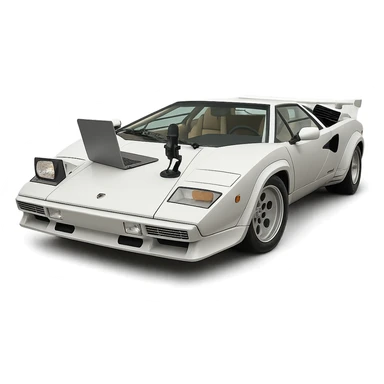 Lamborghini Countach with a laptop and recording microphone on the hood sticker