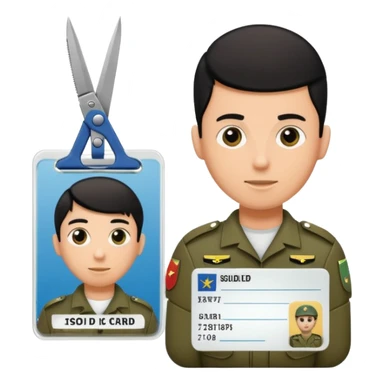 Floating black Scissors cutting an idf soldier ID card in 2 parts .hyper realistic sticker