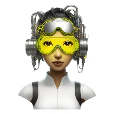 Neon yellow bobbed hair Asian female cyborg head with silver steampunk goggles and circuits sticker