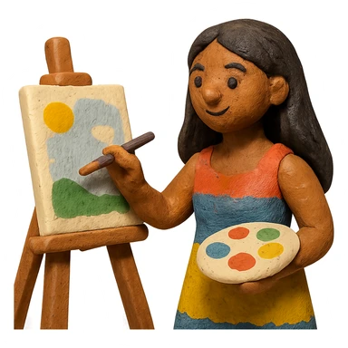 tanned woman artist with long black hair, wearing a colorful dress, painting at an easel, holding a palette and brush, claymation style sticker