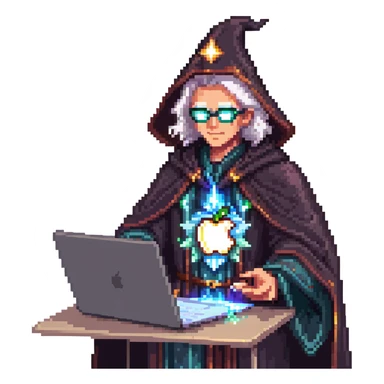 powerful wizard coding on an Apple laptop, glowing magical aura surrounding him, confident expression, looks like the ultimate boss of coding, wearing impressive dark robe sticker