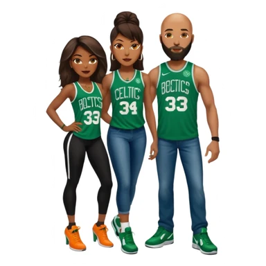 48 yr old black woman with Brown eyes, long dark brown balayage hair dressed in sexy 
celtics jersey costume outfit and stilettos. bald white man with orange facial hair & beard, with Blue eyes, wearing a Jason Tatum Boston Celtics Jersey, jeans & matching Nike sneakers  sticker