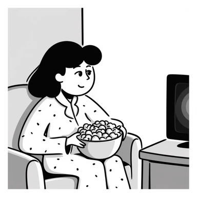Hand-drawn person in pajamas watching movie at home with a big bowl of popcorn, tv light glowing sticker