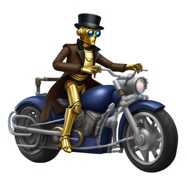 C-3PO wearing a pair of navy-blue rimmed steampunk goggles, hat, leather chaps, fringe jacket riding a fast 3 wheeler trike steampunk motorcycle on ice  sticker