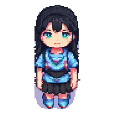 a girl with black hair, pixel art style sticker