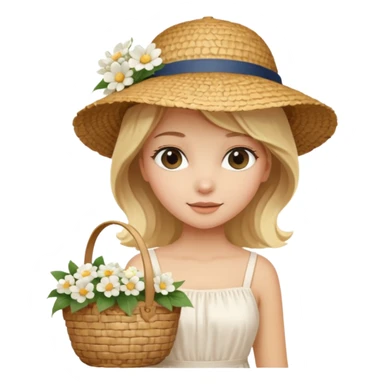 summer beautiful wicker hat, beach beige bag and bouquet of white flowers and blonde girl in Italy white dress sticker