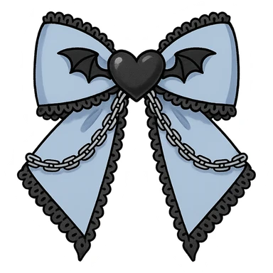 Create a pastel blue gothic bow with black lace trim, heart charm, bat wings, and silver chains. The image should have no background and be in a general style. sticker