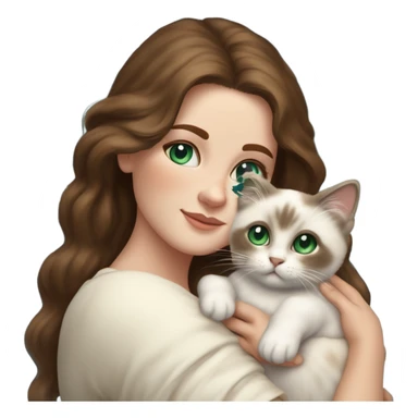white woman with medium-length brown hair, green eyes and brown freckles on the face under the eyes, holding her sacre de birmanie kitten in her arms with much love, the baby cat has blue eyes, a lot of dark areas on ears and middle of the face. blue eyes sticker