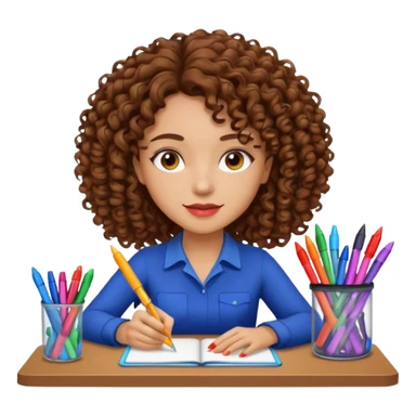 A women curly hair long and light skin with markers on her desk sticker