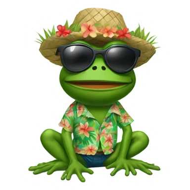 Pepe the Frog wearing a Hawaiian shirt with floral patterns, a grass skirt, and a pair of sunglasses, with a relaxed and carefree expression. sticker