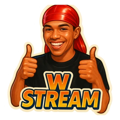 Make him Smiling With 2 thumbs up
Change His durag To Red
Add the words W Stream sticker