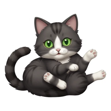 dark grey cat with green eyes, white toes/paws and white patch on her chest playfully rolling upside down sticker