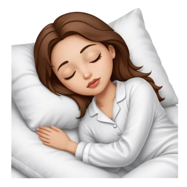 IOS emoji woman, light skin, medium-length brown hair, brown eyes, big lips, sleep in white pyjamas  sticker