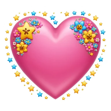Colorful emoji-style icon of a large pink heart surrounded by sparkles, stars, and small flowers, representing overflowing love and joy. Bright and happy Apple-style emoji, glossy finish, white background. sticker