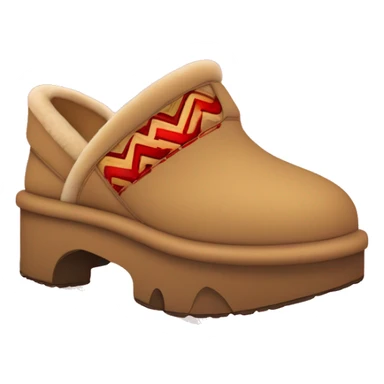 Ugg Camel slip-on slippers. red zig-zag stitch line encircling ankles, VERY chunky platform sole. sticker