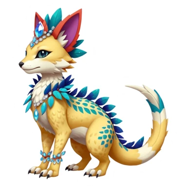 Kawaii cute colorful warm-colored exotic tropical beautiful pretty elegant divine edgy feline-vernid-sergal-Fakémon-Pokémon-fursona-animal-creature with accessories, jewelries, full body, with intricate detailed markings, feathers, crystals, fins, scales, headdress sticker
