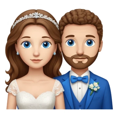wedding couple, woman has long straight brown hair and blue eyes, man has short light brown curly hair and facial hair with blue eyes sticker