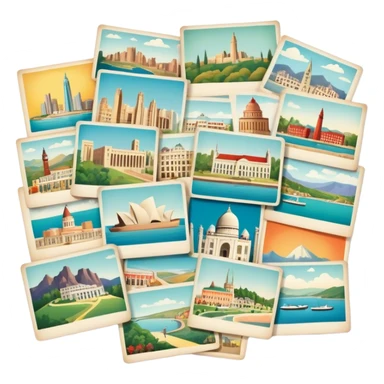 Icon for Postcard Collecting: a collection of colorful vintage postcards, featuring scenic views, landmarks, and greetings, arranged neatly in an album or on a display board. The icon should convey the charm and nostalgia of postcard collecting. Transparent background. sticker