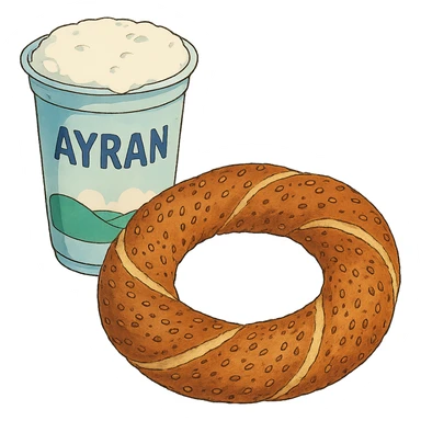 ghibli style ayran and simit together, no background sticker