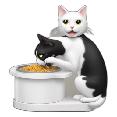 A black and white cat fighting with a pet feeder white machine sticker