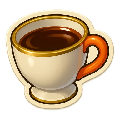 Hermès-style cup of tea, minimal design, Hermès orange handle, gold rim, cute emoji style, alternate angle, on white or transparent background sticker