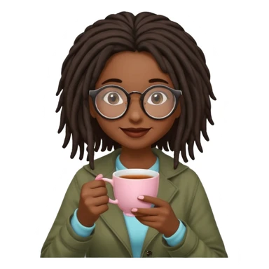 darker skin female with dark dreadlock hair wearing large round glasses sipping a cup of tea with her pinky out sticker