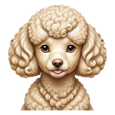 Cinematic Noble Cream Poodle Portrait Emoji, Poised and regal, with a refined, elegant build and a meticulously groomed, curly cream Fur, deep-set soulful warm eyes, Simplified yet sharp and sophisticated features, highly detailed, glowing with a soft, dignified glow, high shine, intelligent and graceful, stylized with an air of sophistication, focused and attentive, soft glowing outline, capturing the essence of a watchful and confident companion, so majestic it feels as though it could prance out of the screen with effortless authority! sticker