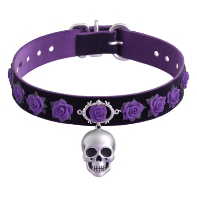 gothic choker with deep amethyst velvet band, silver skull charm, black rose centerpiece, rich and gothic style sticker