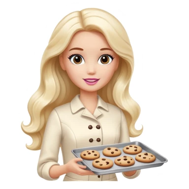 A white Barbie girl with long dark brown wave hair in a cream clothes holds a Baking tray with cookies sticker