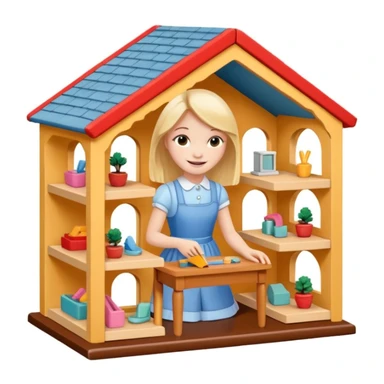 smiling girl arranging furniture in doll house sticker