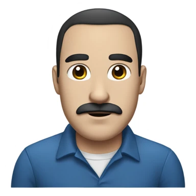Guy with black balding hair, black mustache and thick black eyebrows with a blue shirt and dark blue collar sticker