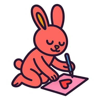coral bunny kneeling while writing a love letter, vibrant-toon style sticker
