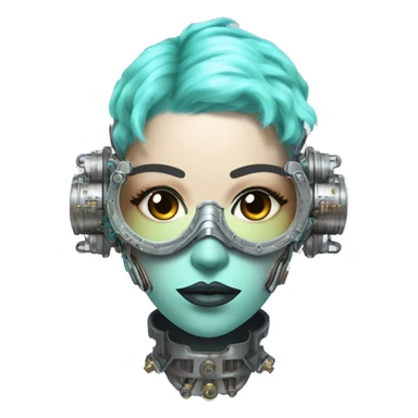 Pastel aqua hair female cyborg head with silver steampunk goggles, goatee and circuits sticker