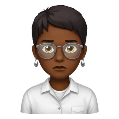 A zombie wearing a white shirt, dark skin, medium-length dark hair, earrings, and glasses, on a white background, facing forward. sticker