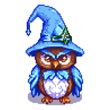 owl wearing a blue wizard hat pixel art sticker