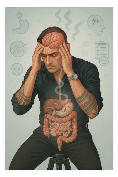 a person sits with a troubled expression, holding their head in their hands. A transparent overlay on their body reveals stylized images of parasites in the digestive tract, while faint, shadowy tendrils extend upward toward the brain, symbolizing the psychological impact. The background is clinical and educational, with subtle icons representing both physical and mental symptoms. sticker