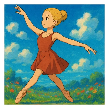 Add a vibrant, colorful background behind Dana Dawson in a dance pose, keep the original ghibli style sticker