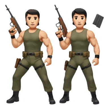 Icon for Action Movies: Arnold Schwarzenegger as John Matrix in Commando and Sylvester Stallone as John Rambo in Rambo, both in iconic action poses with weapons, intense expressions, and explosive backgrounds. Powerful and dynamic with dramatic lighting. Transparent background. sticker