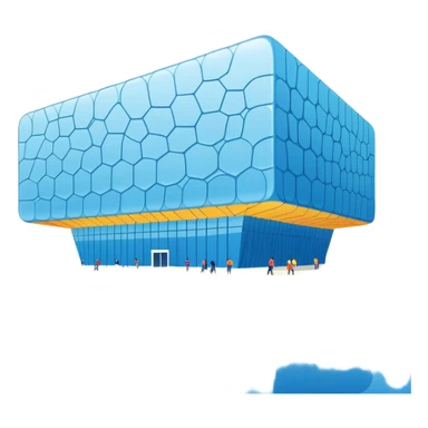 Beijing Water Cube National Aquatics Center blue bubbled building, simplified emoji style with bold outlines and bright colors, cartoon style modern structure sticker