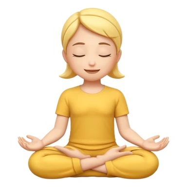 A 3D Apple-style yellow round emoji sitting in a lotus position, eyes gently closed, calm and peaceful smile, hands resting on knees with palms facing upward, relaxed eyebrows, soft glow around the emoji to symbolize inner peace, clean minimal background. sticker
