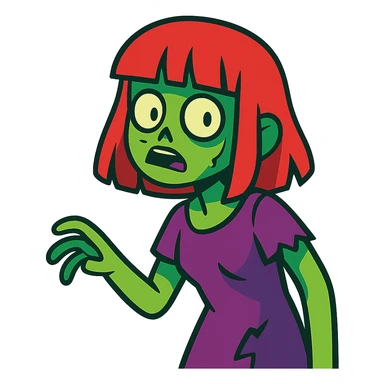 vibrant toon style zombie girl with red hair and bangs sticker