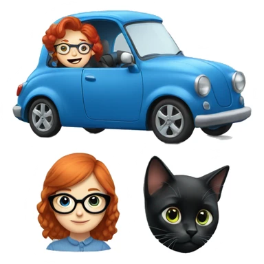 Redhead girl with glasses driving blue car  two black cats  sticker