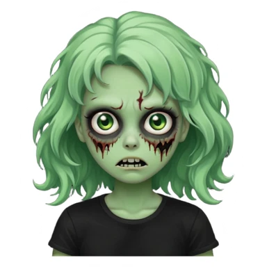 crie um emoji de uma garota zoombie verde assustadora e fofa com cabelo ondulado 2b e camiseta básica preta sticker