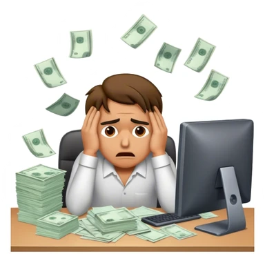 Create an emoji of a tired, overworked marketer sitting at a computer, stressed out, surrounded by invoices and bills. The character looks frustrated and exhausted, representing someone living paycheck to paycheck sticker