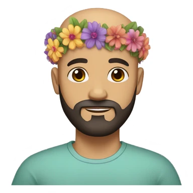 bald man with black beard and brown eyes and light skin with a colorful flowercrown on his head sticker