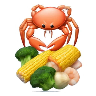 3D emoji-style illustration of a seafood boil wrapped in a clear plastic bag, featuring crab legs, corn on the cob, broccoli, potato, and shrimp. sticker