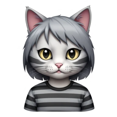 emo kitty with side-swept bangs, striped shirt, moody pose sticker